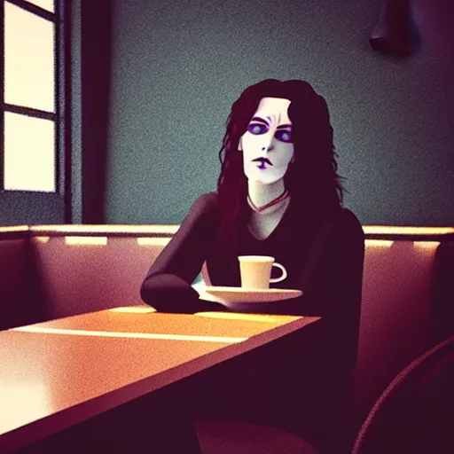 Image similar to death from the'the sandman'waiting for a friend at a cafe, realistic, soft lighting, cute, kindness