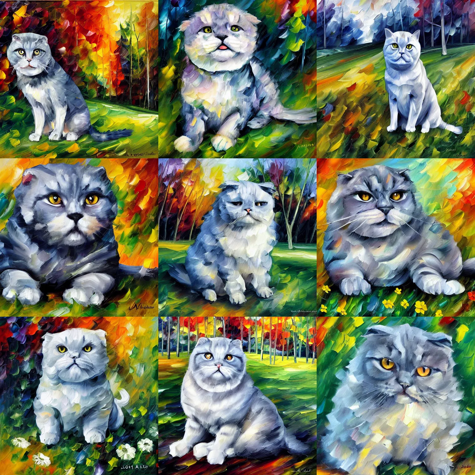 Prompt: fat grey scottish fold sitting in a meadow, dark gray coat, expressive oil painting, by leonid afremov