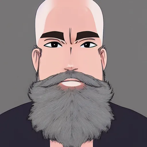 Prompt: bald and bearded anime guy