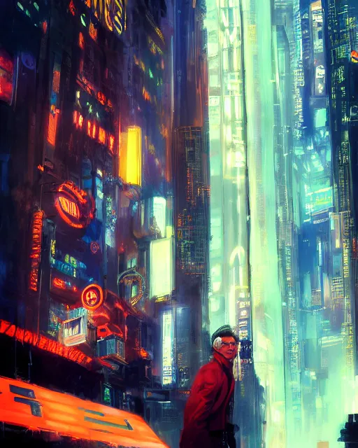 Prompt: donald trump posing in front of the nyse, cyberpunk atmosphere, neon lights, portrait, illustration, rim light, top light, perfectly shaded, spring time, slight overcast lighting, soft painting, art by krenz cushart and wenjun lin