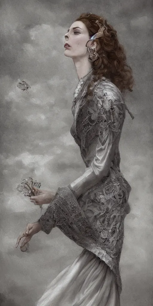 Image similar to a beautiful hyperrealistic longshot portrait of a tall thin stunning Victorian model in a high-collared grey and white dress on the beach in the movie The Piano, intricate, elegant, highly detailed, smooth, sharp focus, award-winning, masterpiece, in the style of Tom Bagshaw, Cedric Peyravernay, Peter Mohrbacher