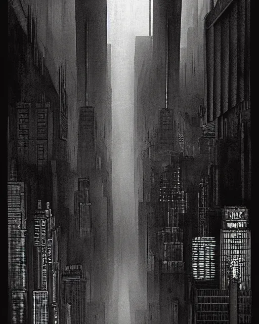Prompt: a painting by image in the style of Hugh Ferriss. Black and dark grey. Tall, wide, imposing building in a dramatically lit metropolis. eerie. incomprehensible size.