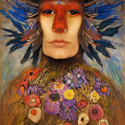 Image similar to masterpiece painting of a dark flower shaman, by annie swynnerton and jean delville and tino rodriguez and diego rivera, facemask made of flowers, art brut, outsider art, symbolist, dramatic lighting, god rays, elaborate geometric ornament, clean crisp graphics, smooth sharp focus, extremely detailed, adolf wolfli