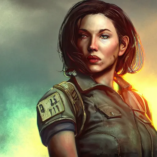 Image similar to fallout 5, charismatic beautiful rugged brunette female protagonist, portrait, outdoors in front of the entrance to vault 1 5 6, atmospheric lighting, painted, intricate, volumetric lighting, beautiful, daytime, sunny weather, slight overcast, sharp focus, deep colours, ultra detailed, by leesha hannigan, ross tran, thierry doizon, kai carpenter, ignacio fernandez rios