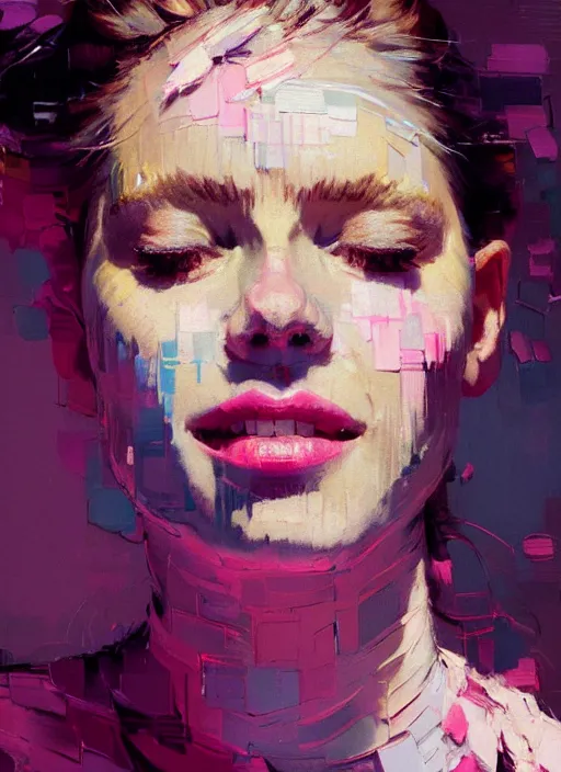 Prompt: portrait of a beautiful girl, smiling, ecstatic, eyes closed, open mouth, shades of pink, beautiful face, rule of thirds, intricate outfit, spotlight, by greg rutkowski, by jeremy mann, by francoise nielly, by van gogh, digital painting