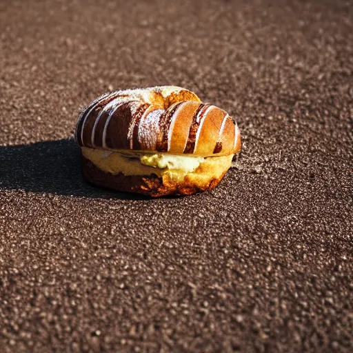 Prompt: A cream bun, fully in view, laying on the asphalt, it is completely covered in nutella. food photography, 8k resolution, incredible detail, sunset lighting.