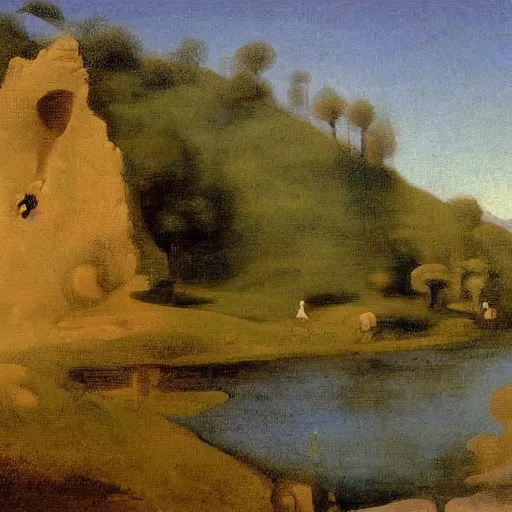 Prompt: A beautiful sculpture of of a landscape. It is a stylized and colorful view of an idyllic, dreamlike world with rolling hills, peaceful looking animals, and a flowing river. The scene looks like it could be from another planet, or perhaps a fairy tale. CCTV by Camille Corot, by Adolph Menzel terrifying