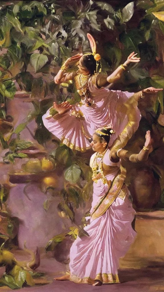 Image similar to a rabbit doing bharatanatyam in botanical room by john singer sargent, cinematic, detailed