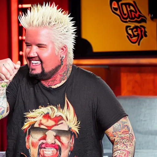 Image similar to guy fieri showing off his tattoo of guy fieri on his chest
