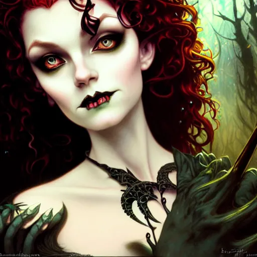 Image similar to a dark gothic version of Princess Merida, face, fantasy, intricate, elegant, highly detailed, digital painting, artstation, concept art, smooth, sharp focus, illustration, art by Gerald Brom and Tim Burton and Artem Demura and alphonse mucha