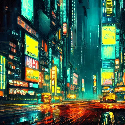 Prompt: an impressionist oil painting of a cyberpunk dystopian city with a lot of neon signs, highly detailed, texture, masterpiece, trending on artstation