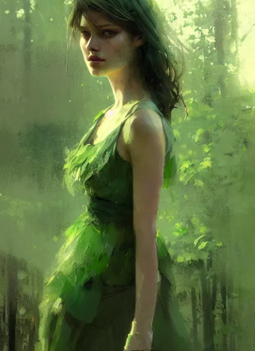 Image similar to outdoor portrait of a beautiful girl, shades of green, beautiful face, rule of thirds, intricate outfit, spotlight, by greg rutkowski, by jeremy mann, digital painting