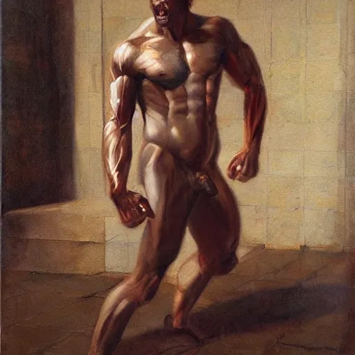 Image similar to a hot muscular cambian demon man in a great hall, portrait, realistic painting