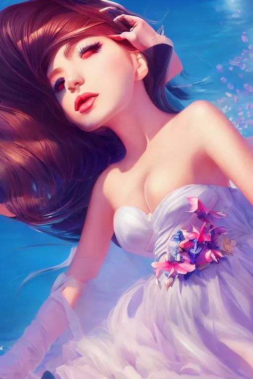 Image similar to a beautiful fashion goddness of love, chic strapless dress, tropical sea background, character design, in the style of artgerm, and wlop, cinematic lighting, hyperdetailed, 8 k realistic, symmetrical, global illumination, radiant light, frostbite 3 engine, cryengine, dof, trending on artstation, digital art