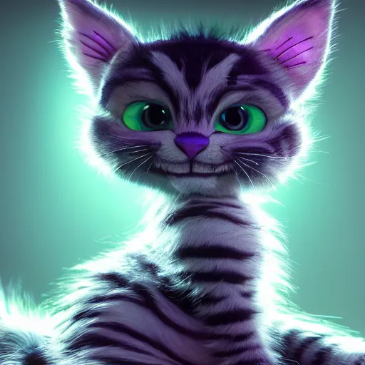 Image similar to full body pose, hyperrealistic photograph of the cheshire cat as a cute kitten, dim volumetric lighting, 8 k, octane beautifully detailed render, extremely hyper detailed, intricate, epic composition, cinematic lighting, masterpiece, trending on artstation, very very detailed, stunning, hdr, smooth, sharp focus, high resolution, award, winning photo, dslr, 5 0 mm