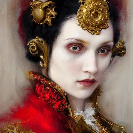 Prompt: portrait of a red sorcerer, sharp focus, black hair, baroque, rococo, highly detailed, intricate, bird mask, white, regal clothing, gold ethereal light, by livia prima