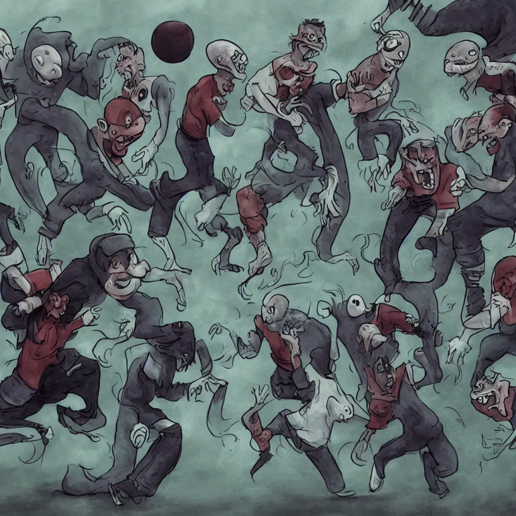 Prompt: a ghost, an alien, a werewolf and a vampire playing football together, lowbrow, surealistic, hd