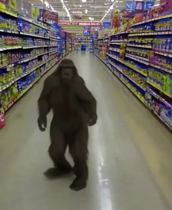 Image similar to cctv capture of bigfoot in a walmart looking for bananas