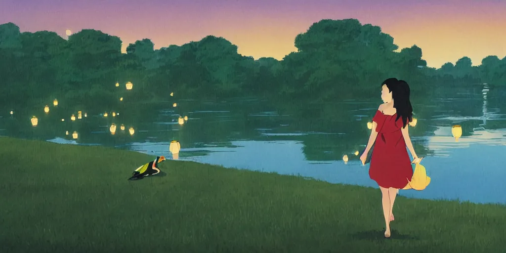 Prompt: A medium shot painting of a beautiful girl walking by the lake while holding her pet Green Head Mallard Duck, with paper lanterns rising in the sky, dusk, by Studio Ghibli