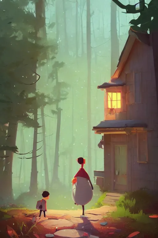 Image similar to a moment of pure bliss in front of the small house in the forest, cory loftis, james gilleard, atey ghailan, goro fujita, character art, exquisite lighting, clear focus, very coherent, plain background, dramatic painting