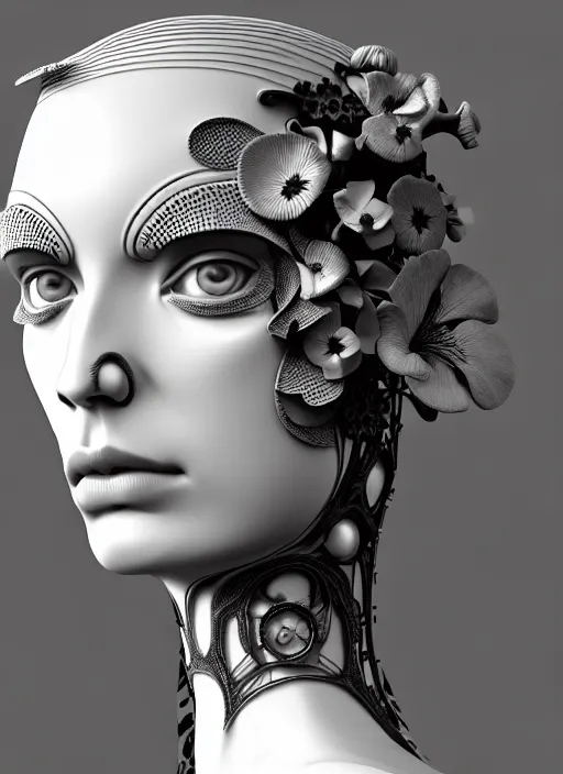 Image similar to monochrome 3 d model, biomechanical young female cyborg with porcelain profile face and a big floral eye, volumetric light, big leaves foliage and stems, hibiscus flowers, boho floral vines, sinuous fine roots, fine foliage lace, alexander mcqueen, rim light, art nouveau fashion pearl embroidered collar, steampunk, octane render, 8 k