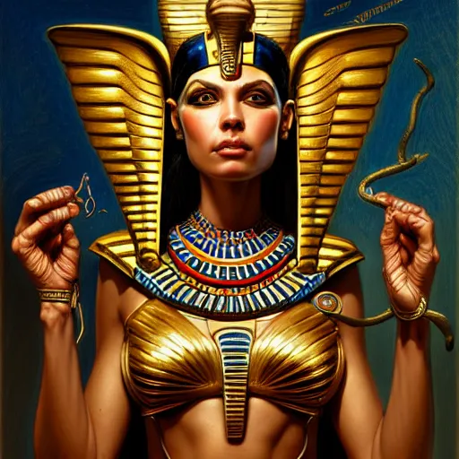 Image similar to egyptian goddess by guillermo del toro, intricate, elegant, highly detailed, centered, digital painting, artstation, concept art, smooth, sharp focus, illustration, donato giancola, Joseph Christian Leyendecker, WLOP, Boris Vallejo