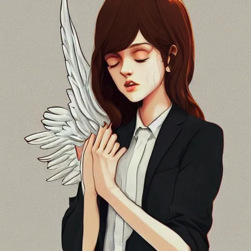 Image similar to cute beautiful girl with angel wings in suit crying in the Wall Street in the middle of the crowd, elegant, 2d, ultra highly detailed, digital painting, smooth, sharp focus, artstation, pixiv, art by Ilya Kuvshinov