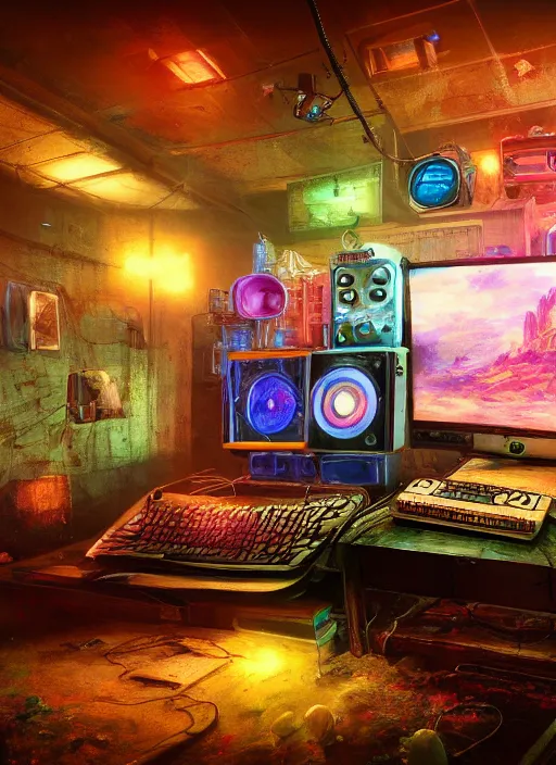 Image similar to A realistic painting of a vintage computer, with a psychedelic mushroom on the screen, in a post apocalyptic setting, unreal 5, DAZ, hyperrealistic, octane render, RPG portrait, dynamic lighting
