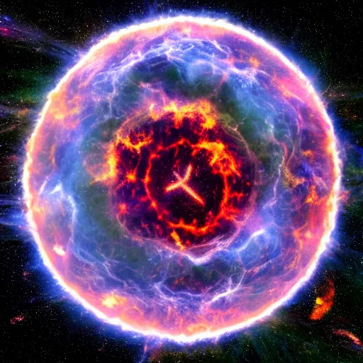 Image similar to a peace sign made from a supernova explosion, earth caught in the middle, ultrarealistic, dramatic lighting, electrical details, high details, 4 k, 8 k, best, accurate, trending on artstation, artstation, photorealism, ultrarealistic, space photography