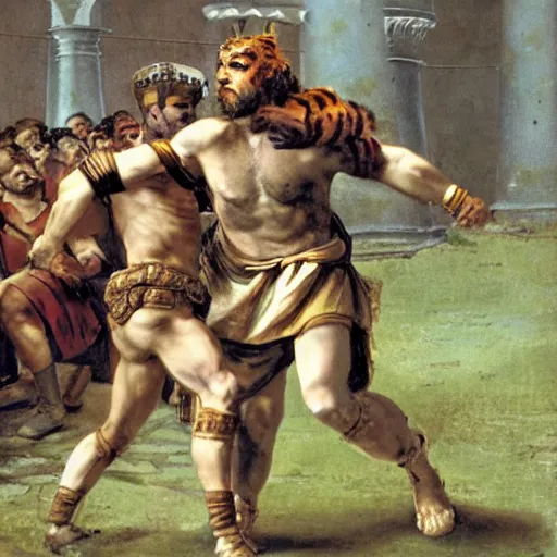 Prompt: roman emperor commodus in roman colliseum battling against tigers