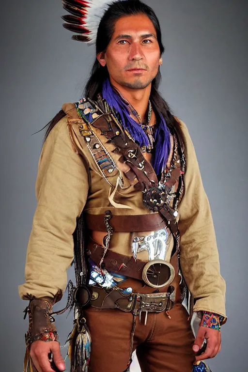 Image similar to thin native American Indian man in his early 30s, wearing traditional cargo buckskin jacket buckskin tactical toolbelt pockets bandolier full of trinket and baubles, steampunk arcane shaman, deadlands, weird west