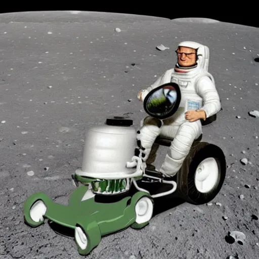 Image similar to photo realistic Hank hill wearing a full suit of armor riding a lawnmower on the moon, Kodachrome photo