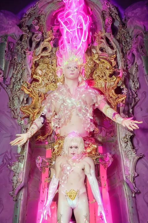 Image similar to full-body rococo and cyberpunk delicate neon crystalline sculpture of ((young muscular golden albino Colombian prince)) as an iridescent humanoid deity wearing ((peach plastic hooded cloak)) (holding a human skull) in a white castle dungeon, reclining, glowing pink face, crown of (pink lasers), large blue diamonds, swirling black silk fabric. futuristic elements. oozing glowing liquid, full-length view. space robots. intricate artwork by caravaggio. Trending on artstation, octane render, cinematic lighting from the right, hyper realism, octane render, 8k, depth of field, 3D