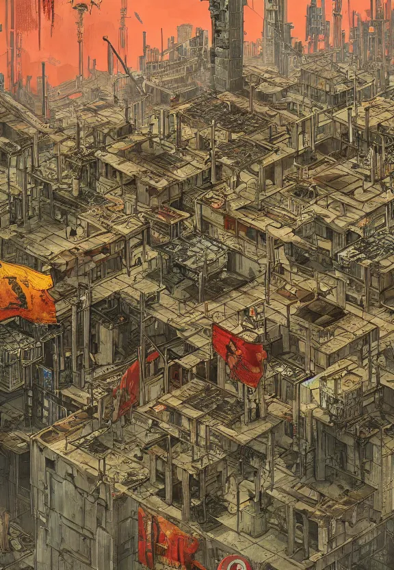 Image similar to [Underground colony with checkered flags, rust and brutalist buildings and little mushrooms. Propaganda poster, intricate, elegant, highly detailed, digital painting, artstation, concept art, matte, sharp focus, illustration, art by Enki Bilal and Moebius]