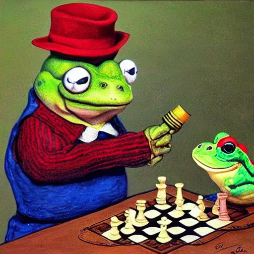 Prompt: mr toad and mr frog drinking wine and playing chess. Painting of toad and frog wearing sweaters by James Gurney.