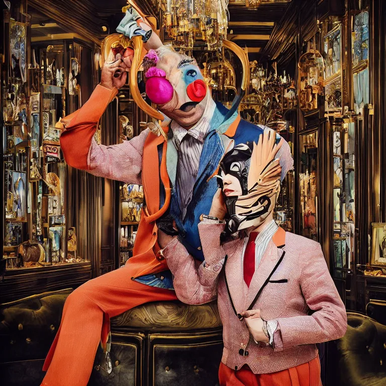 Image similar to vogue photoshoot octane render portrait by wayne barlow and carlo crivelli and glenn fabry, a handsome eccentric man in a bright colorful pastel wes anderson uniform inside and a black robber mask inside a high - end exotic vintage boutique hotel bar, very short depth of field, bokeh