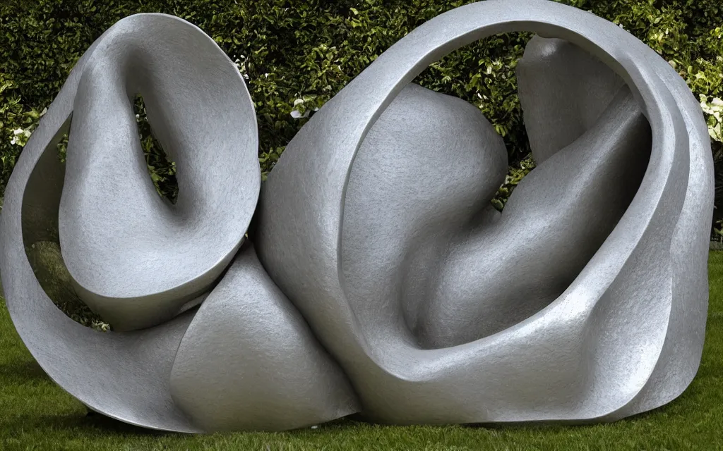 Prompt: abstract textured hollow forms as a metallic sculpture in a garden , smooth shiny texture, sculpted by Henry Moore Barbara Hepworth , Matte painting V Ray, warm volumetric lighting , 3D 8K HD trending on art station