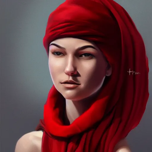 Prompt: human female portrait, red scarf, hatched ear, golden earring, white background, by horace hsu, tony sart, miles johnston, highly detailed, digital illustration, concept art, trending on artstation