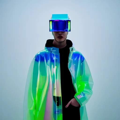 Prompt: an ultra high definition professional studio quality photograph of an artificially intelligent cyberpunk art influencer wearing a transparent iridescent pastel coloured face visor and matching squid based raincoat on white coat hook in a sheer icelandic black rock environment. dramatic lighting. volumetric shadows. light rays