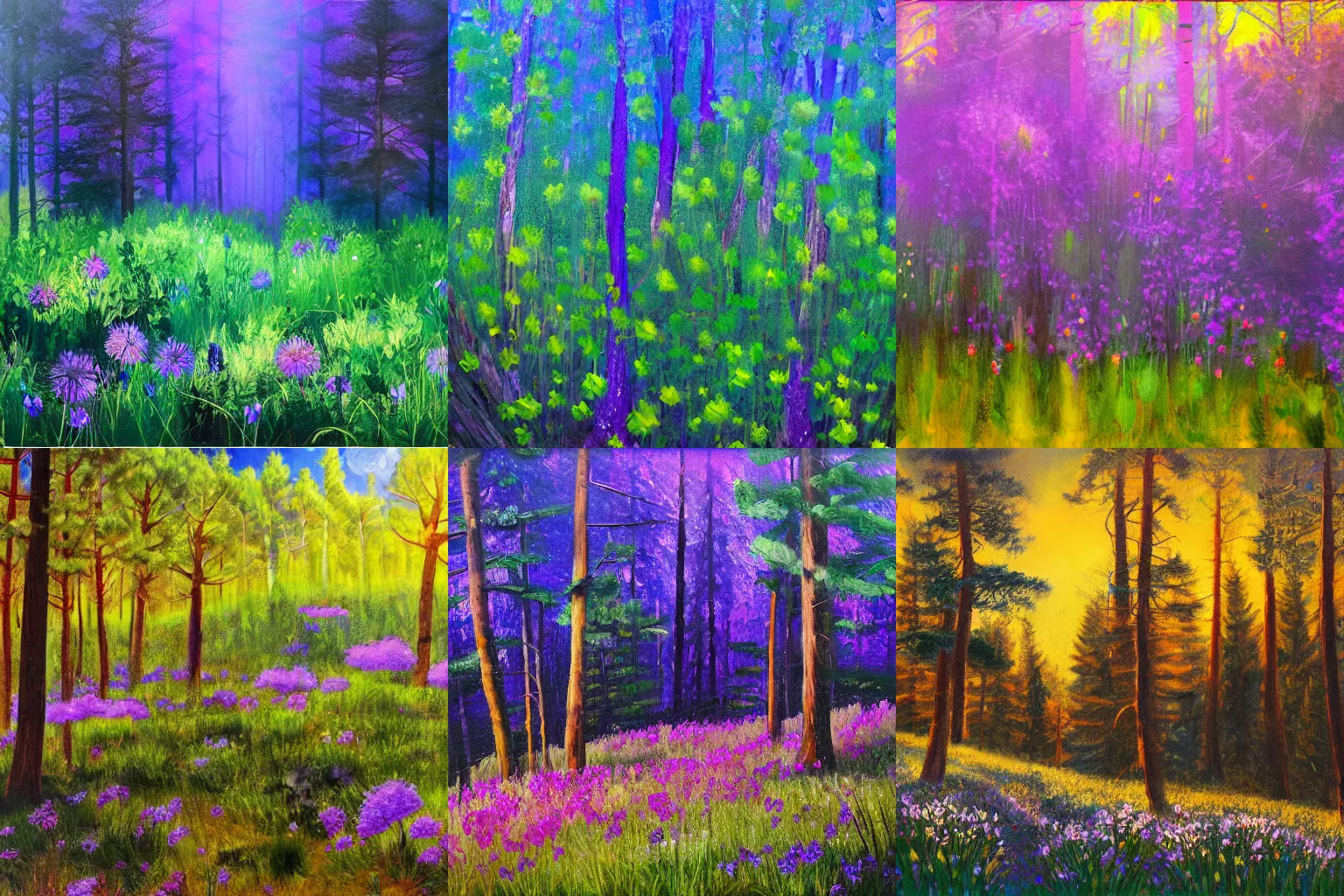 Prompt: A flowery meadow at the edge of a dense pine forest, ultraviolet photography, oil painting