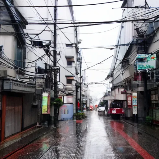 Prompt: rain - soaked alley with messy overhead cables in tokyo