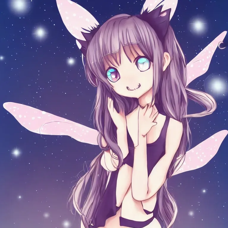 Prompt: cute, full body, female, anime style, a cat girl with fairy wings, large eyes, beautiful lighting, sharp focus, simple background, creative, heart effects, filters applied, symmetrical body, neck cuffs