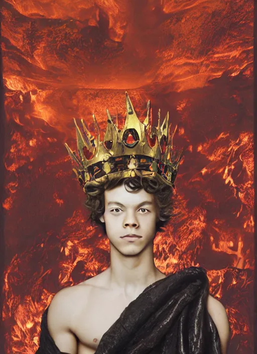 Image similar to anthropormorphic young Harry Styles made out of paper wearing a firey red and orange tissue paper with a golden crown and a black prince tuxedo by Prada. bubbling pools of lava in the crater of a volcano. ethereal, fantasy, Lawrence Alma-Tadema, James Jean, oozium, peter morbacher, angelarium, alchemy, luxury, heavenly light, Soft illumination, Trending on artstation, Cinematic Lighting, very detailed, 3D, octane render, artgerm