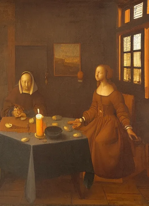 Image similar to a candlelit table at the inn, two people sitting at the table, swirling smoke, dark smoke, realistic, in the style of leonardo da vinci, dutch golden age, amsterdam, medieval painting by jan van eyck, johannes vermeer, florence