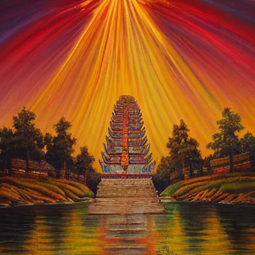 Image similar to a beautiful painting of a monument thathowe, a sacred site, pagoda, lightbeams, royal jewels, majestic medieval art by james gurney, no copyright name, aztec jad