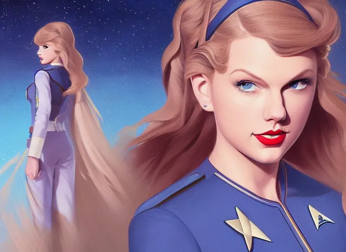 Image similar to a disney film still of taylor swift as a star trek officer, finely detailed features, closeup of the face, perfect art, dusk, blue hour, gapmoe yandere grimdark, trending on pixiv fanbox, painted by greg rutkowski, makoto shinkai, takashi takeuchi, alphonse mucha, akihiko yoshida