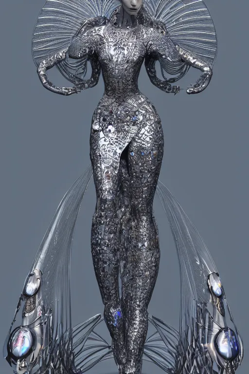 Image similar to a highly detailed 4 k render of a beautiful dmt alien goddess bella hadid in iris van herpen dress schiaparelli in diamonds in style of alphonse mucha trending on artstation made in unreal engine 4