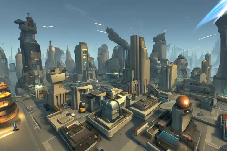 Image similar to futuristic city in team fortress 2