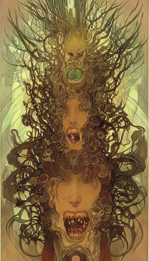 Image similar to a storm vortex made of many demonic eyes and teeth, by alfons maria mucha