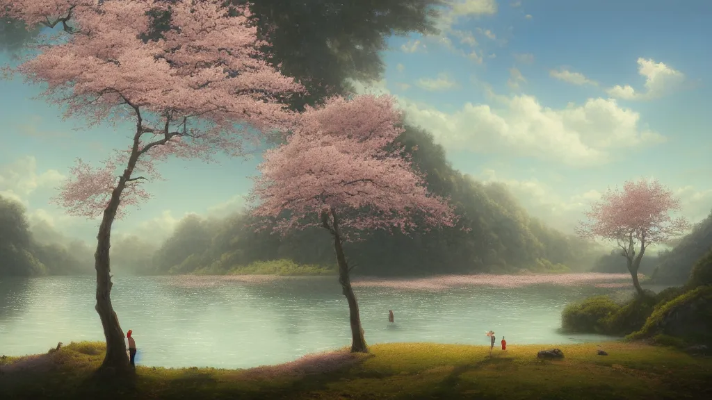 Prompt: a beautiful landscape matte painting of cherry trees with petals flying in the sky, beside a river, by christophe vacher, trending on artstation